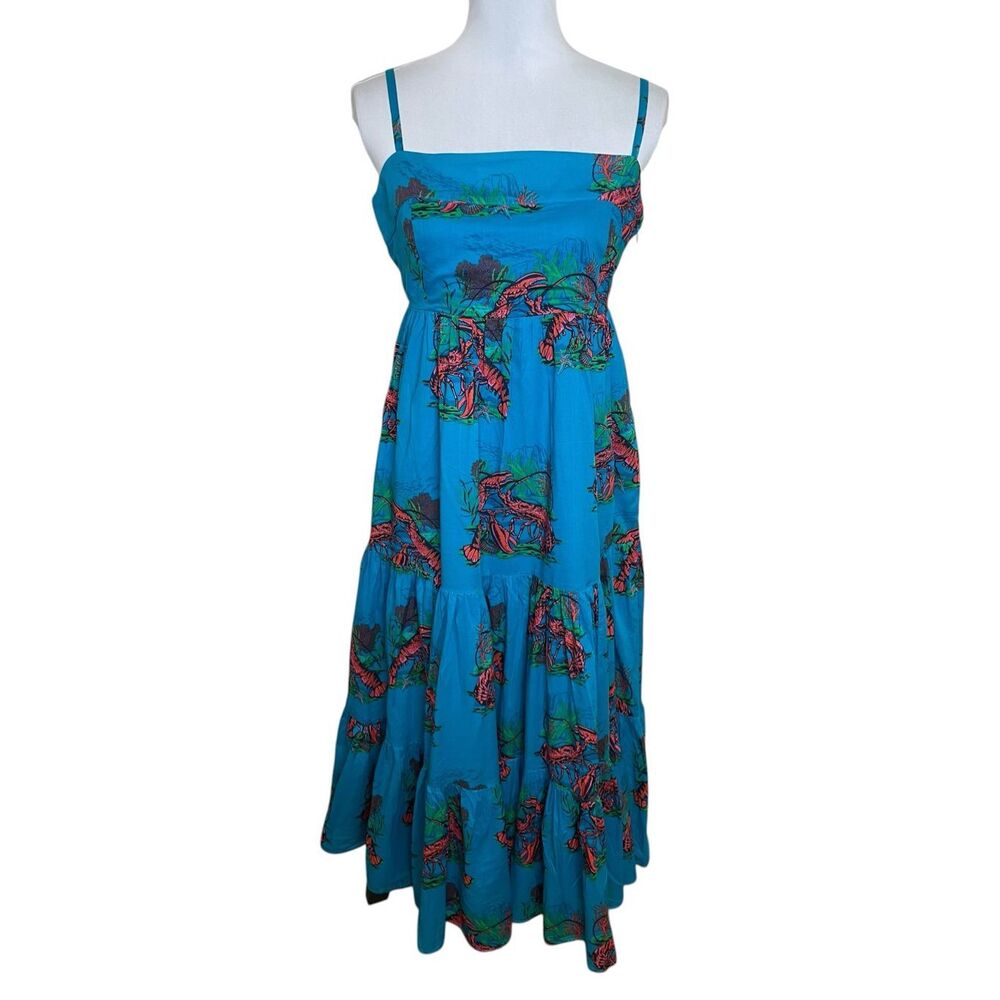 J.Crew Lobster Print Tiered Maxi Dress Sundress Turquoise Blue Size 6 - Picture 2 of 15